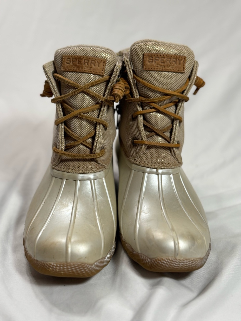 Sperry Women’s Metallic Beige Duck Boots with Brown Accents